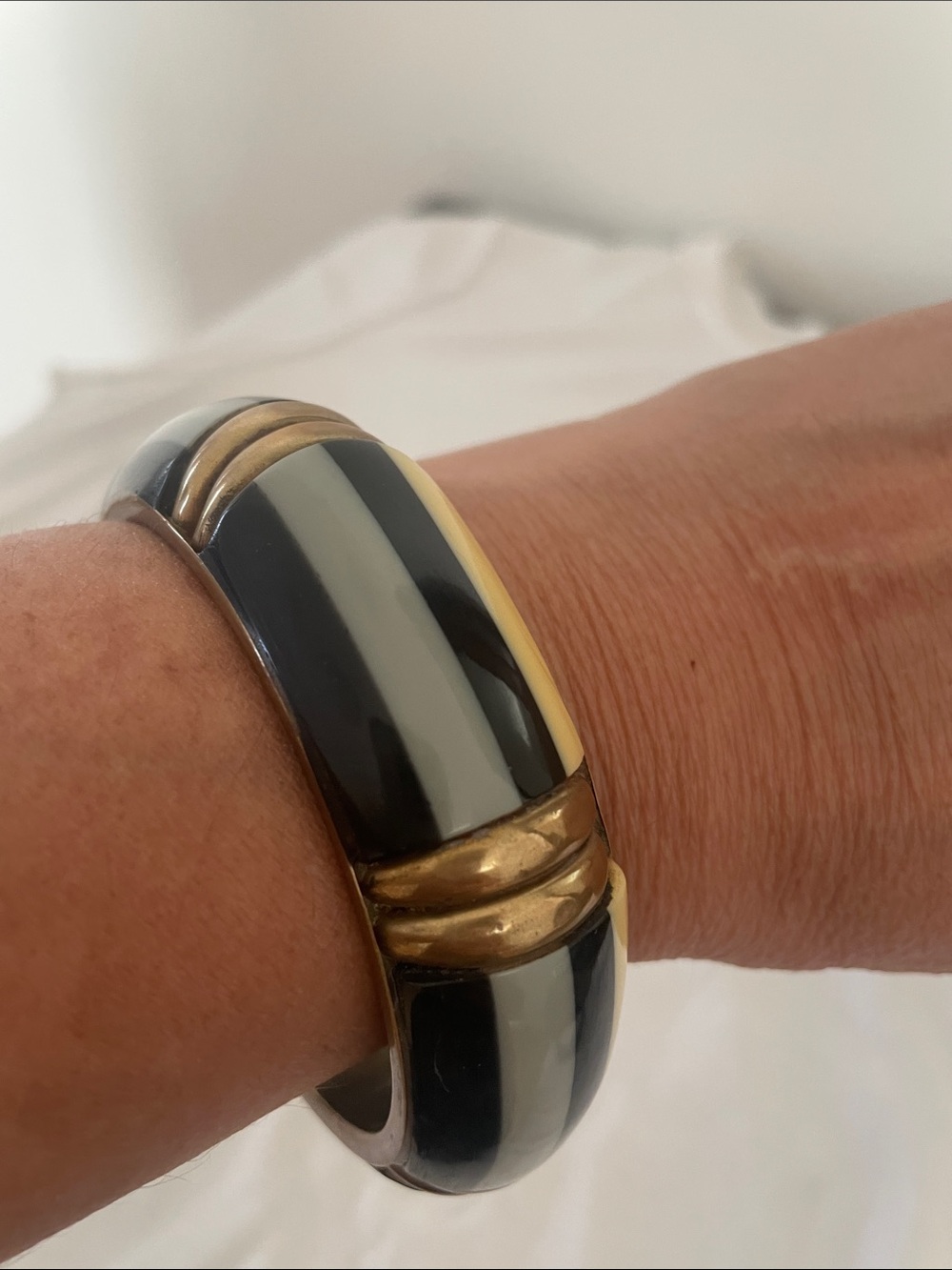 Mango Black, Gray & Cream Striped Enamel Bangle Bracelet